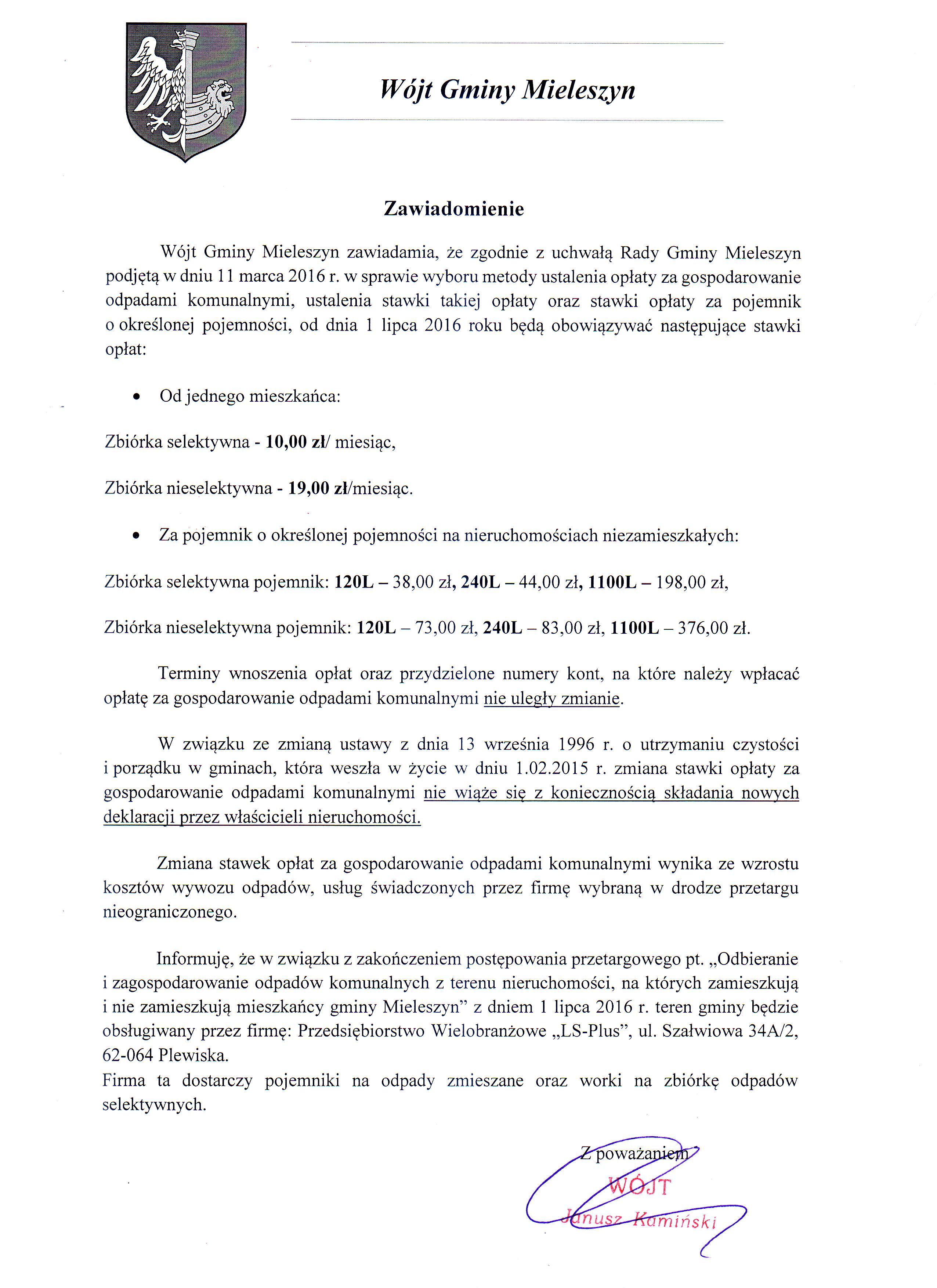 zawiadomienie o zmianie stawki opłat
